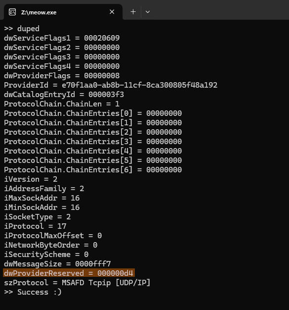 A dump of the blob structure in a terminal window. The field dwProviderReserved = 0xD4 is highlighted. A dump of the blob structure in a terminal window. The field dwProviderReserved = 0xD4 is highlighted.