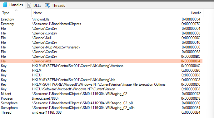 A list of handles in Process Explorer. A file handle to \Device\Afd with ID 0xD4 is highlighted. A list of handles in Process Explorer. A file handle to \Device\Afd with ID 0xD4 is highlighted.