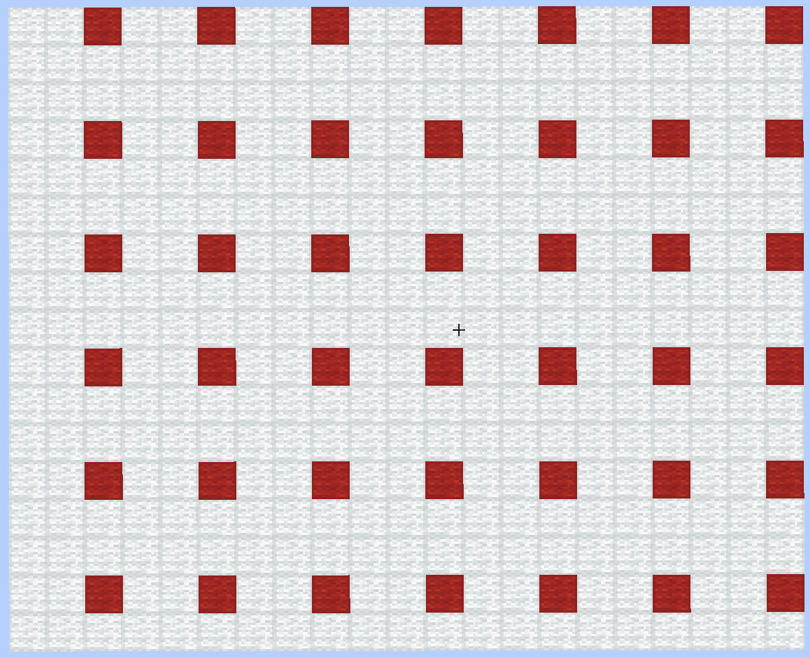 A mostly white grid with one red cell in the corner of each 3x3 subsquare.