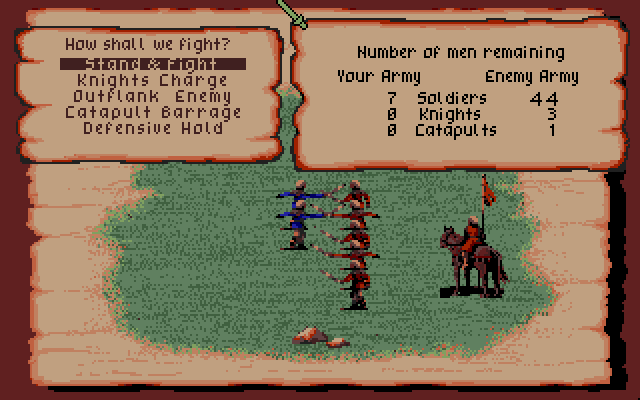 A strategic fight menu. The game asks "How shall we fight?", with options "Stand & Fight", "Knights Charge", "Outflank Enemy", "Catapult Barrage", and "Defensive Hold". The statistics portion shows that your army has 7 soldiers, while the enemy army has 44 soldiers, 3 knights, and 1 catapult. The graphics simulate old paper, and the background illustrates a field with sodliers and horses.