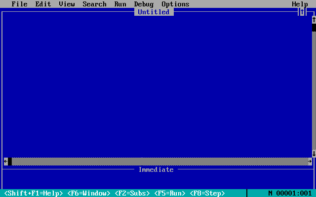 Screenshot of QBasic. The UI looks kind of like a modern TUI, a little like a single window of tmux with a menu bar on top and a footer on the bottom. An empty file named "Untitled" is open. The footer looks a bit cryptic, describing keybinds, like F2 = Subs>, and spelling N 00001:001 at the bottom right.
