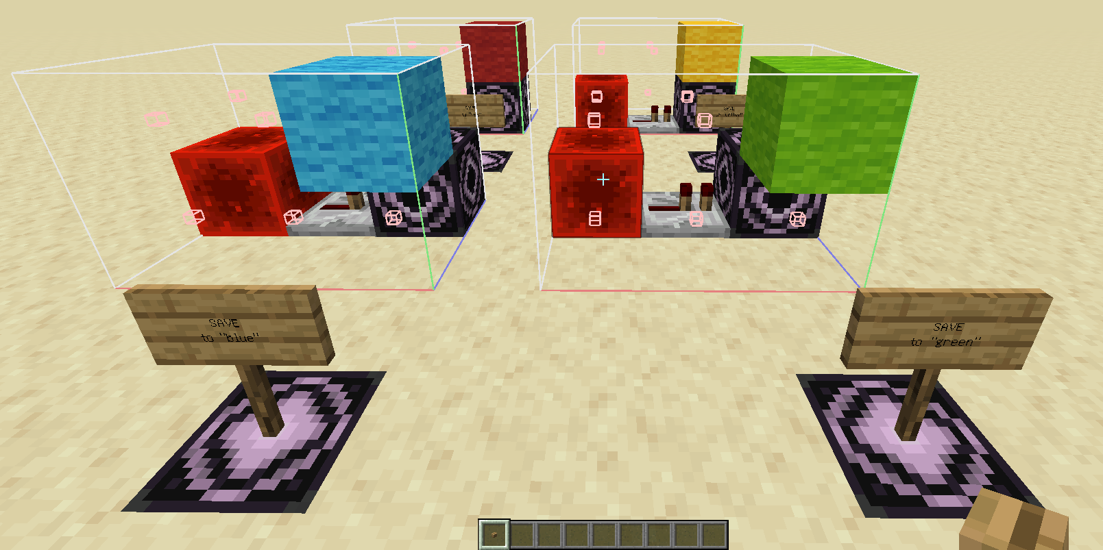 4 structures, now 2 block deep. The red and yellow structures are just like before, with the far layer being empty. The new blue and green structures have the redstone blocks, repeaters and structure blocks in the far layer, with the near layer being empty except for the wool block.