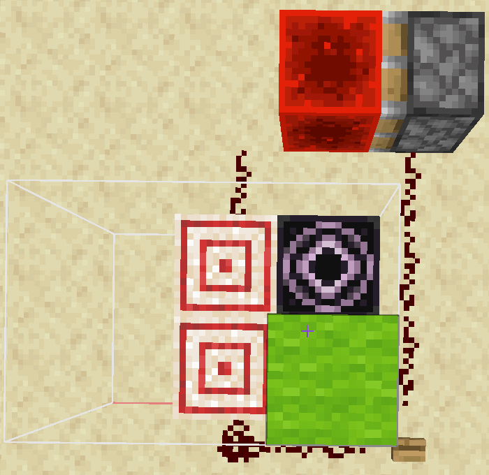 The two structures overlapped using the starting mechanism from before. The redstone blocks are removed, the repeaters are replaced with solid blocks (targets). One target is powered from a button via redstone dust, while another target is powered by a redstone block pushed by a sticky piston, connected to the same button.