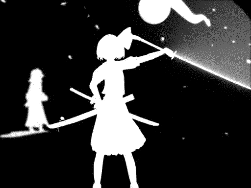 A girl swiping a sword, with the sword leaving a gradient trace. The gradient is of average quality, but not chunky anymore.