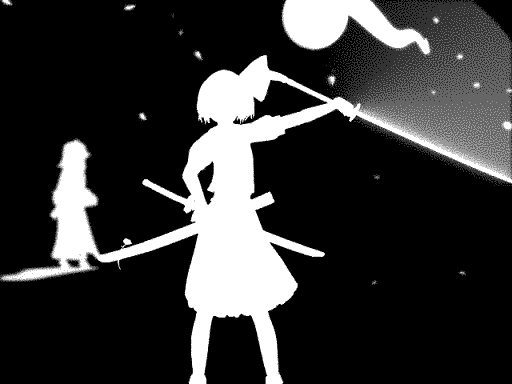 A girl swiping a sword, with the sword leaving a gradient trace. The gradient is of average quality, but not chunky anymore.