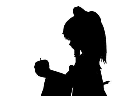 A girl holding an apple. The girl's is not perfectly black, there are some gray pixels.