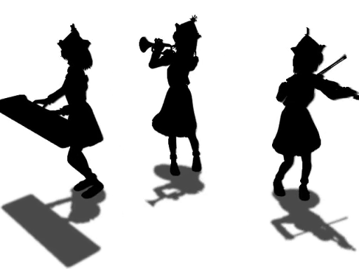 Three girls playing instruments, with shadows.