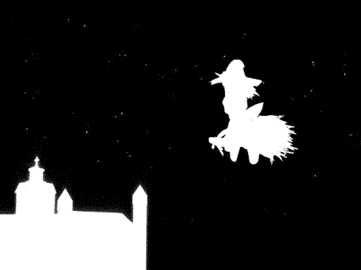 A girl flying on a broom towards a castle under a night sky. The stars are visibly noisy.