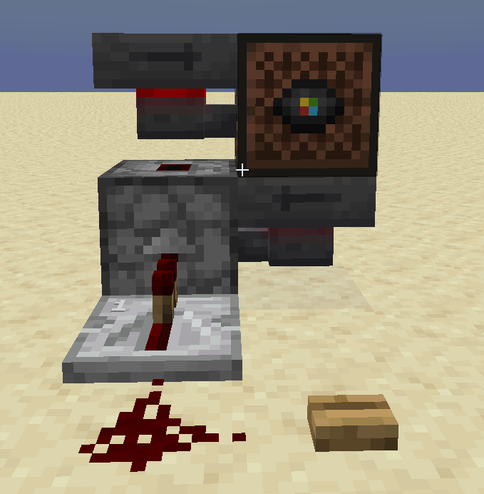 The same mechanism, powered differently. The dropper is powered by a repeater, directly connected to redstone dust on the receiving end, directly connected to a button.