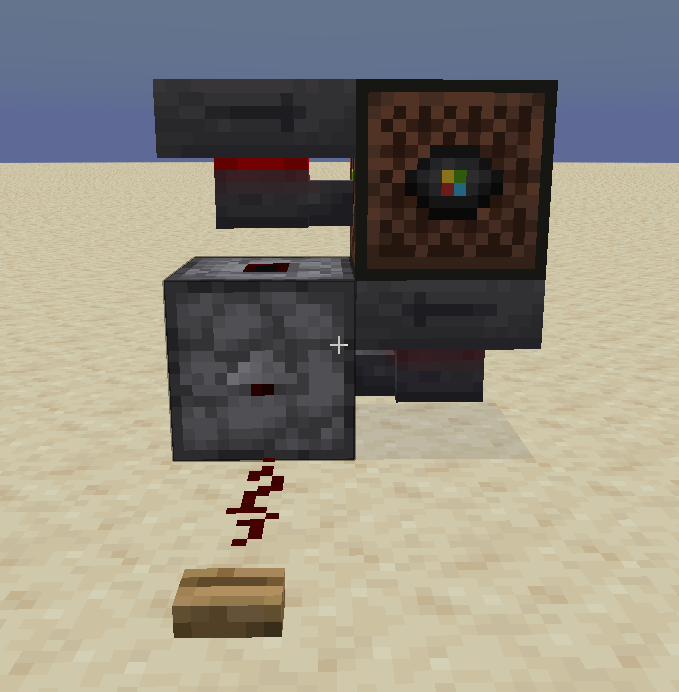 A 2x2 device, oriented vertically. The top right block is a jukebox. The bottom left block is a dropper pointing upwards. They are connected in a loop by two hoppers, one in each corner: the top-left hopper points to the right, the bottom-right hopper points to the left. An oak button powers the dropper through redstone dust.