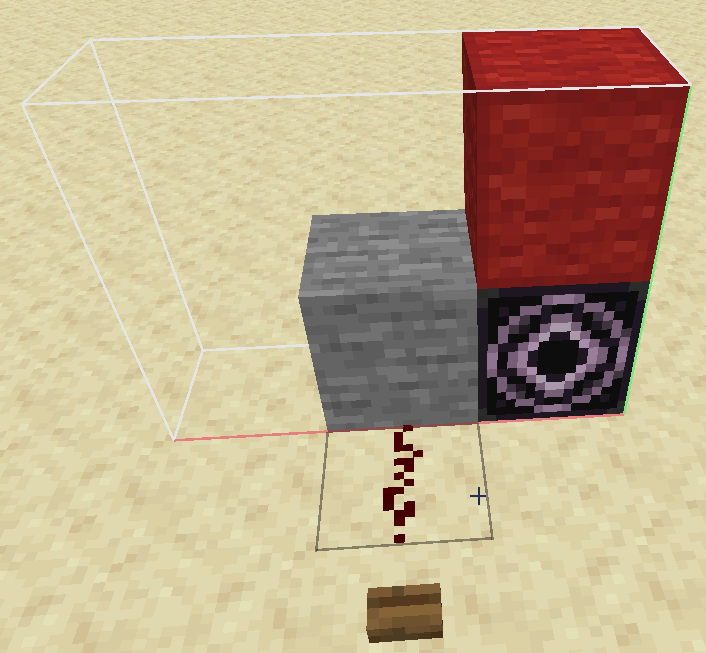 The 3x2 structure from earlier is shown, with the redstone block and the repeater omitted. A solid block (stone) is placed in the repeater's stead, neighboring the structure block. The solid block is connected via a redstone wire to a button, both located outside the structure.