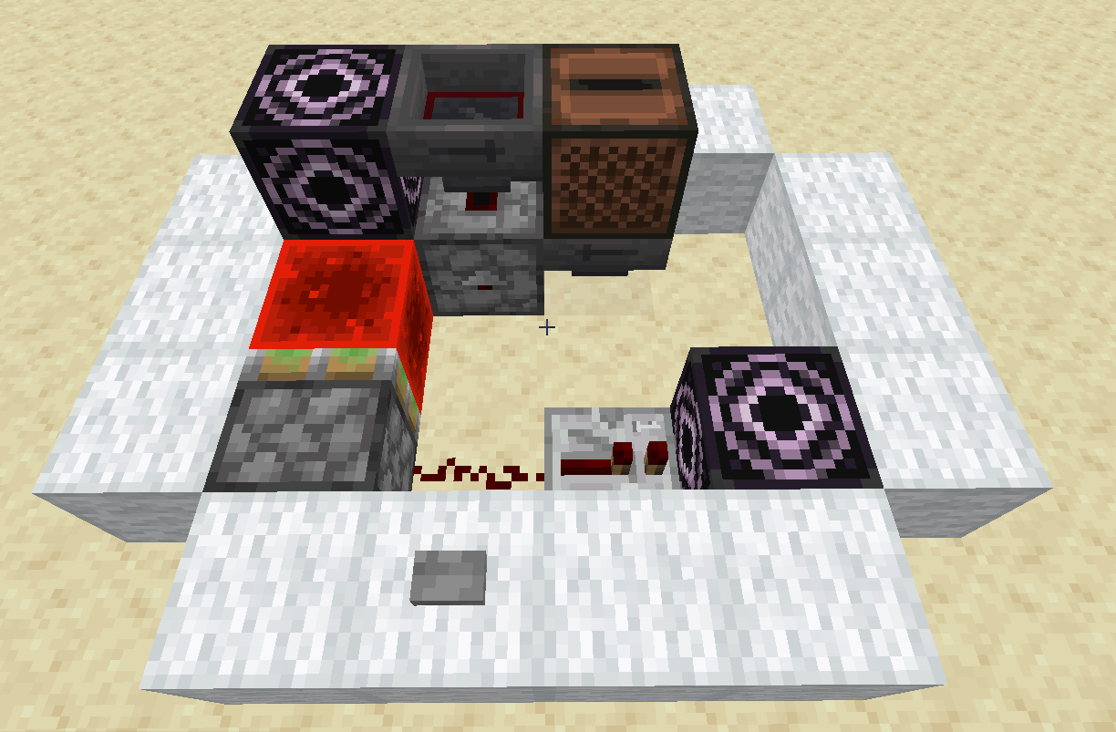 Two separate instant wire activators: one triggered by a repeater and another by a redstone block at the head of a sticky piston. When extended, the redstone block also powers the automatic jukebox mechanism.