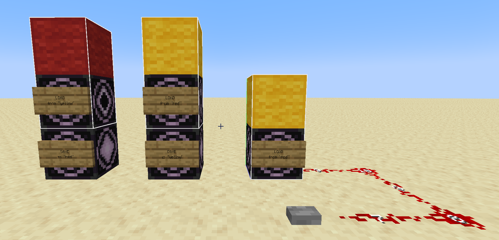 A yellow wool block appears above the third structure block. The button is unpressed, but the dust is active.