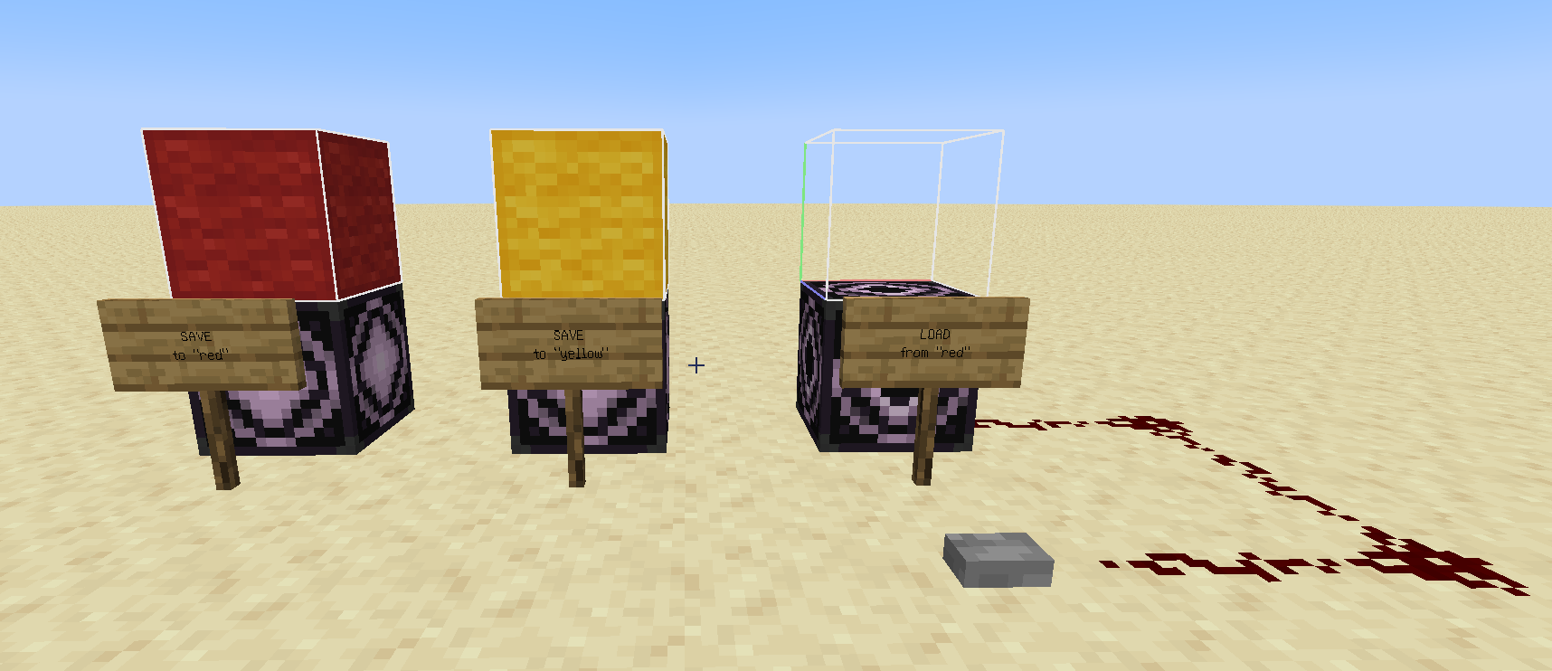 Three structure blocks in a row. The first one is configured to save the block above it (red wool) to a location called "red". The next one saved a yellow wool block to "yellow". The third one is configured to load a block from "red" above it. There's no block there yet, but a redstone line with a button is connected to the structure block; when pressed, the button would trigger the loading.