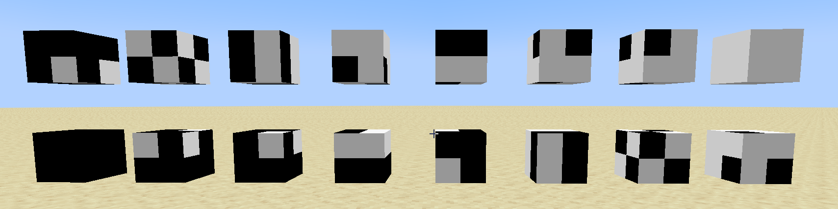 The same blocks of wool, with textures replaced by 2x2 black-and-white pictures with different pattern for each "color".