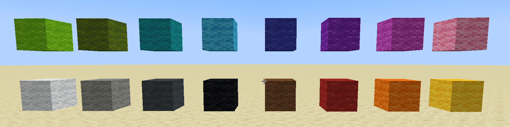 16 blocks of wool of different colors, using default Minecraft textures.