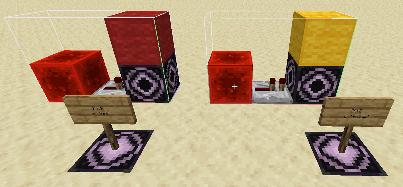 "red" and "yellow" structures, each 3 blocks wide and 2 block tall. The bottom right corners of both structures contain structure blocks loading the other structure over itself. The "red" structure has a red wool block above the structure block, the "yellow" one has a yellow wool block at the same location. Both structure blocks are powered by a redstone block (in bottom left) with a repeater inbetween. Both repeaters are OFF.